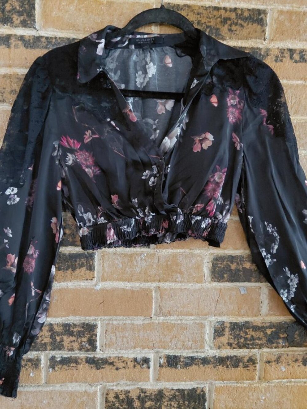 All Saints Saz Silvius Black Floral/Lace Crop Top